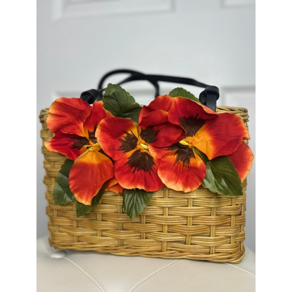 kate spade Handbags - Kate Spade Rare Novelty Wicker Basket Tote Orange Pansy Floral Picnic Bag